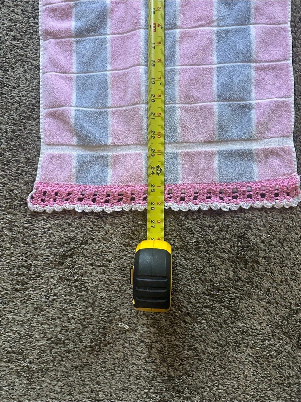Pink and Gray Check Crochet-Trim Hand Towel